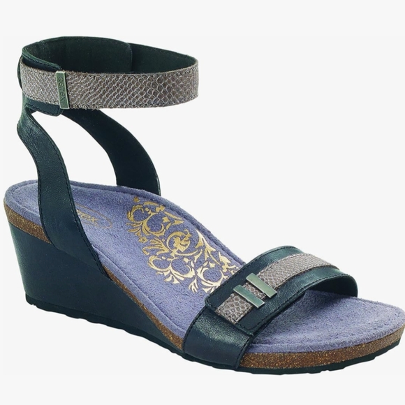 Aetrex Shoes - Aetrex Gia Silver Snake Cork Metal Ankle Black Wedge Luxe Sandal Women Size 10